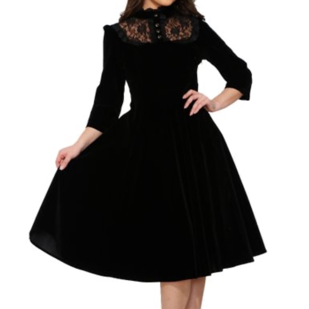 HEARTS & ROSES LONDON Black Lace-Yoke Nightshade Velvet ALine Dress Lace Up Back